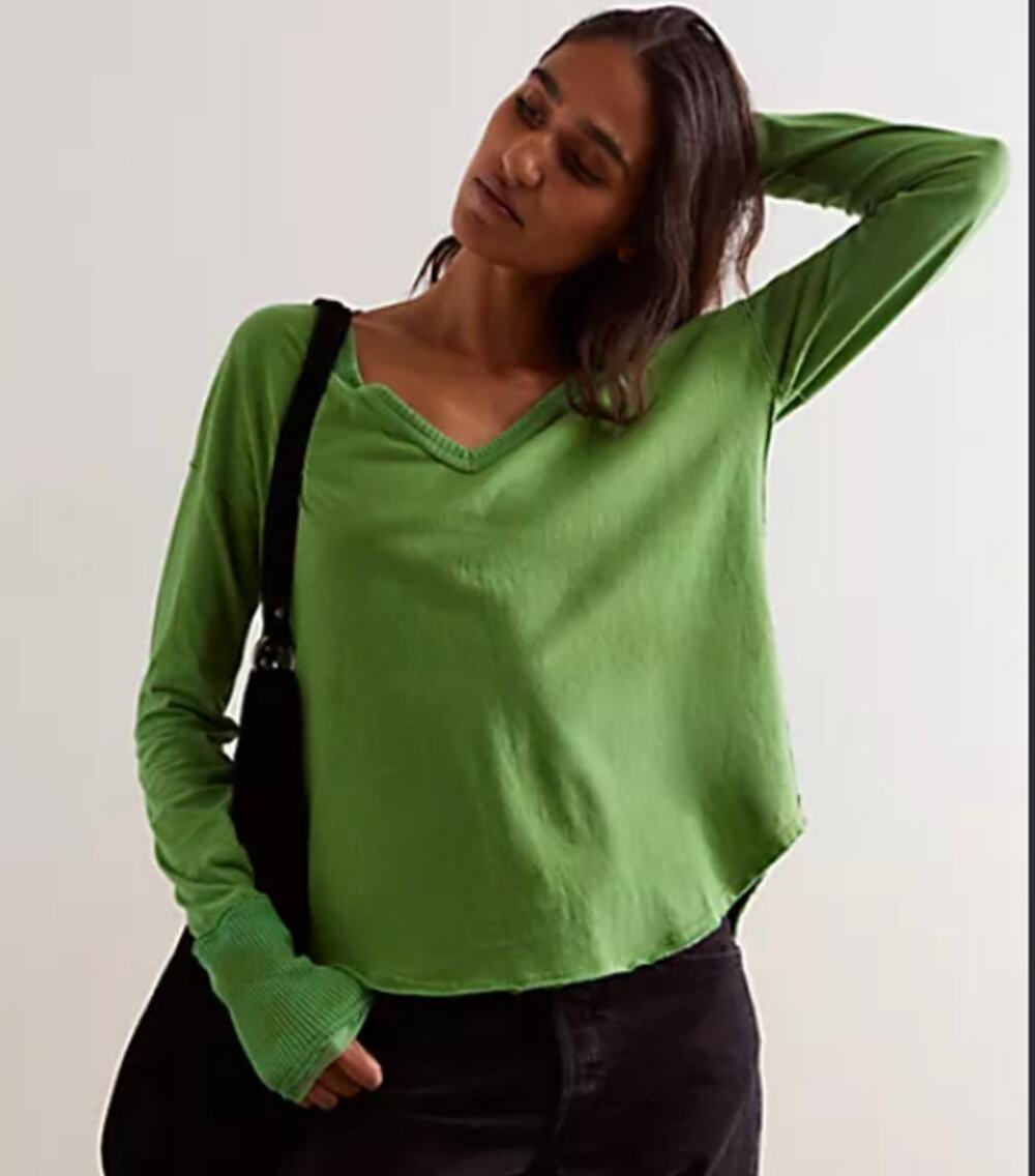 Free People Coastal Cruising Green V-Neck Long Sleeve Tee Shirt Top Small